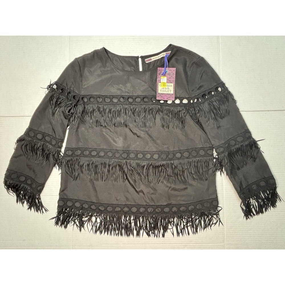 Chelsea & Violet Fringe Top Womens Small Black Boho Western NWT Long Sleeve